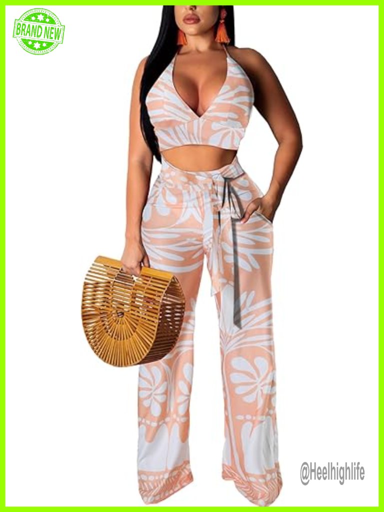 Two Piece Outfit Sexy Bandage Top Long Straight Pants Swimwear Cover Up Set